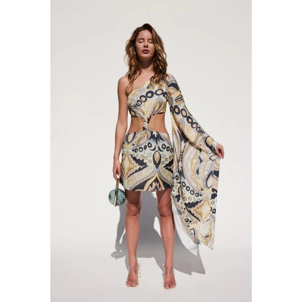 Cult Gaia Lucy Asymmetrical One Sleeve Cut Out Mini Dress in Aloe - Size XS